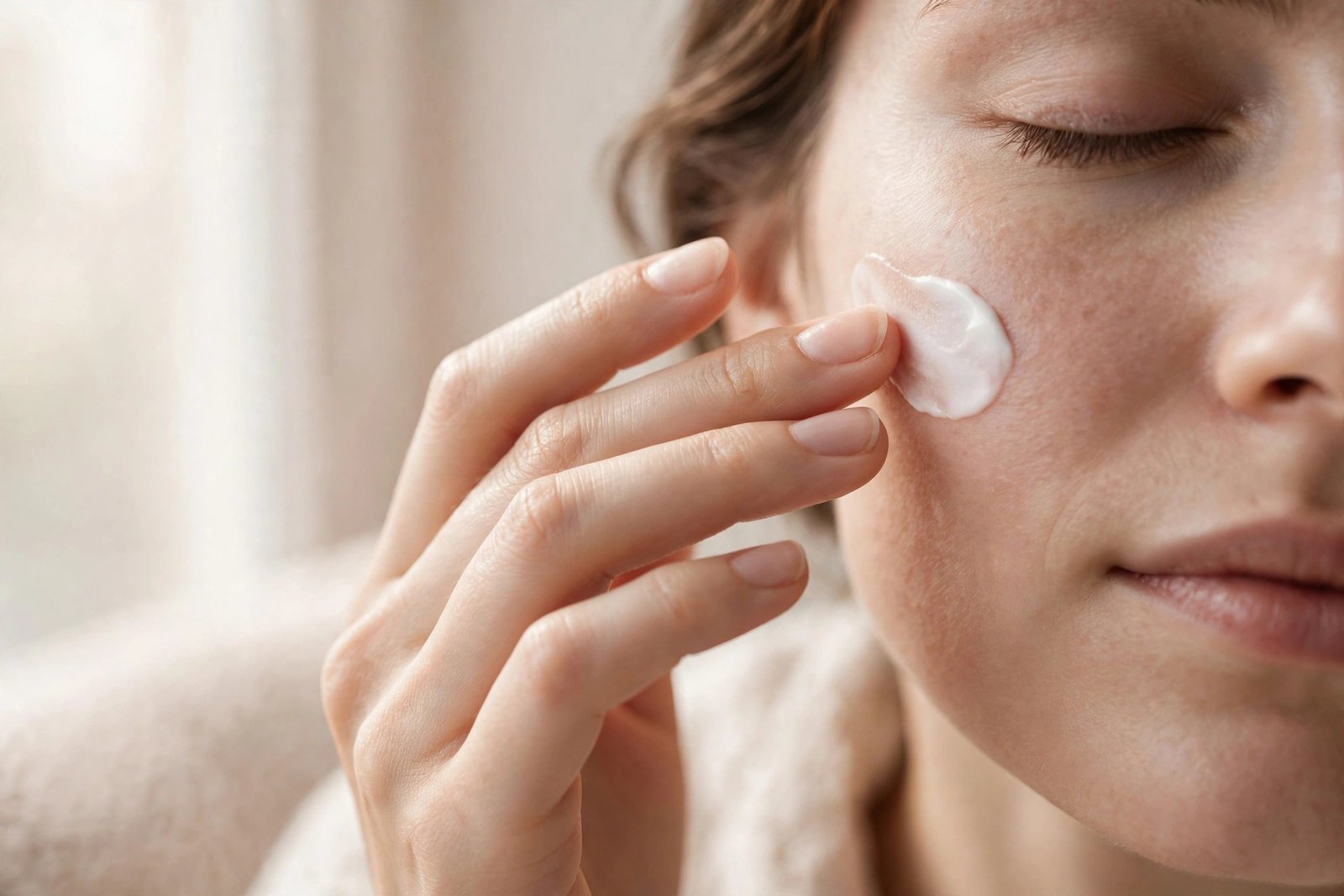 Applying peptide moisturizer to the cheek